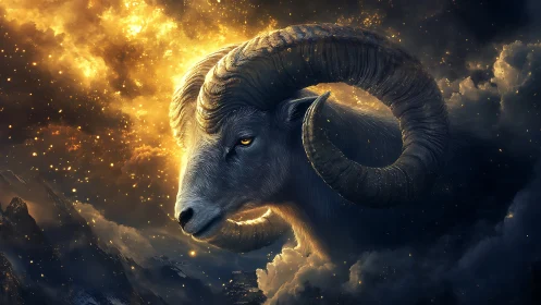 Majestic horned ram emerging from glowing storm clouds.