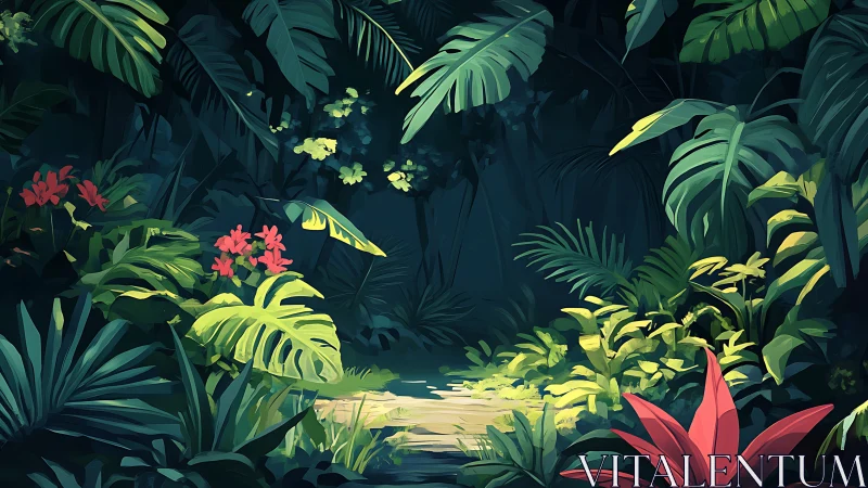 Tropical forest clearing with layered foliage and flowering plants.