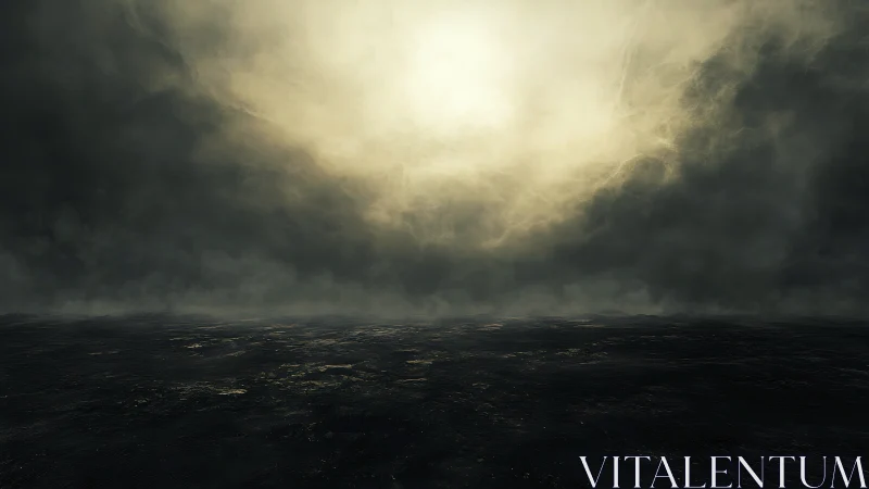 Moody seascape under dense storm clouds at dusk.