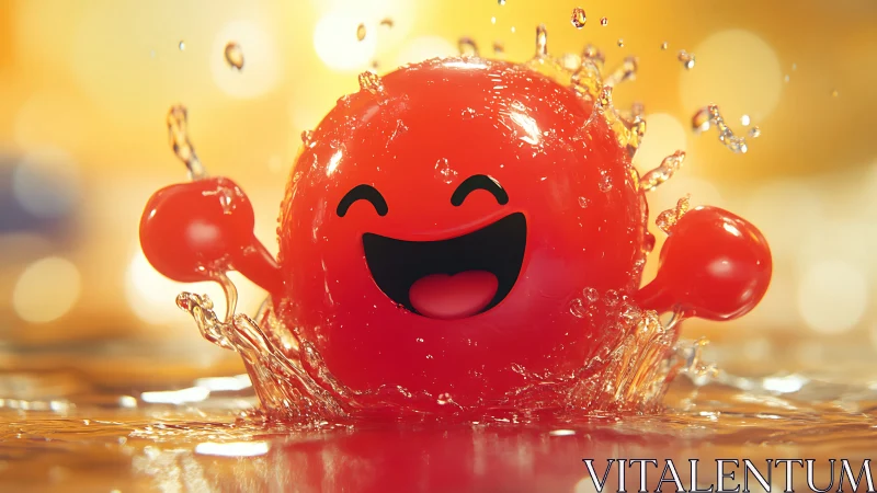 Glossy red cartoon sphere splashing through simulated liquid surface