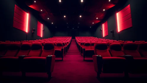 Empty red cinema auditorium with central aisle and soft neon lighting