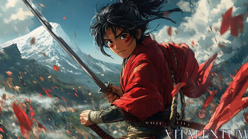 Storm-eyed samurai poised before wild mountain winds.