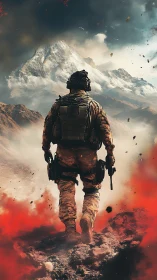 Lone soldier strides toward stormy mountain horizon.