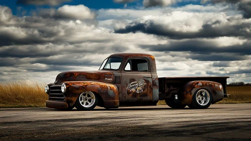 Rustic lowered pickup truck on open rural roadway.