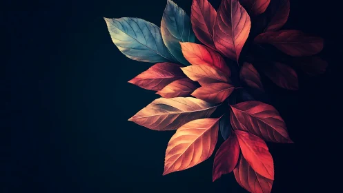 Color graded autumn leaves cluster on dark background.
