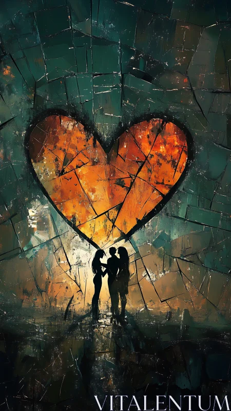 Two Figures Beneath Large Heart Form Against Fractured Green Background.