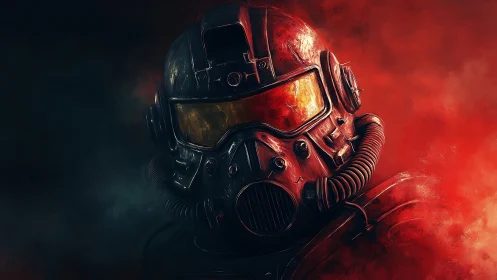 Armored sci fi soldier helmet under red toxic haze
