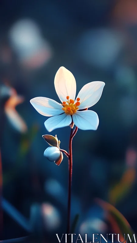 Backlit white wildflower macro with cool bokeh field