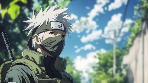 Masked silver-haired ninja surveys village under clear sky.