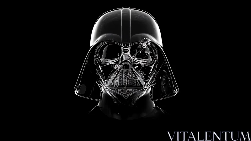 Dark sci fi helmet glows with sharp chrome reflections in void