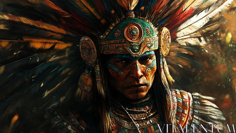 Warrior in ornate feathered headdress stands in burning light