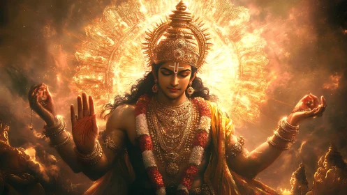 Radiant Hindu deity with luminous halo rendered in high-detail digital painting