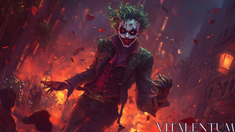 Chaotic clown villain strides through a burning city street