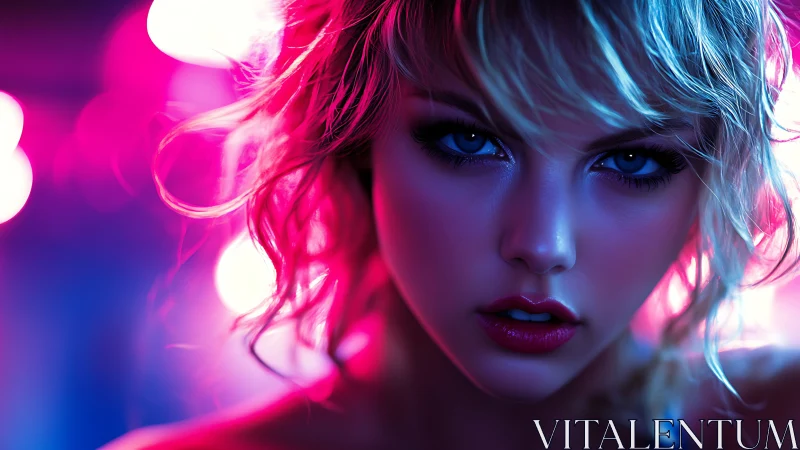 Neon-lit portrait of intense woman in vibrant bokeh glow.