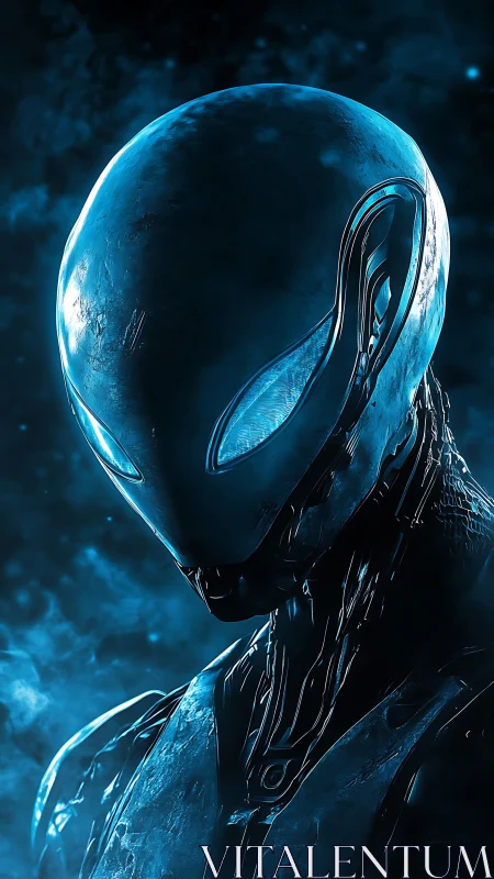 Biomechanical alien android stands in cold blue nebula glow