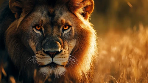 Majestic lion strides through golden savanna light at dusk