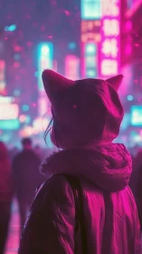 Hooded figure with cat ears in neon city nightscape.