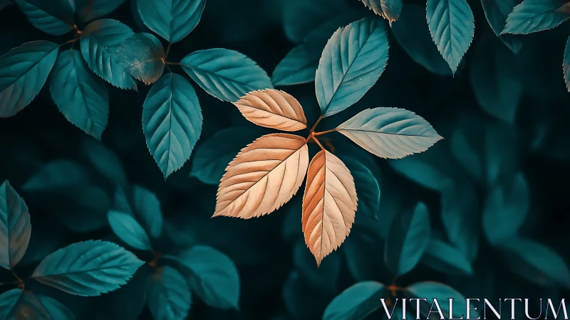 Macro photograph of warm-toned leaf cluster among teal foliage