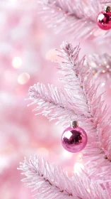 Pink Christmas tree branches hold glossy bauble ornaments