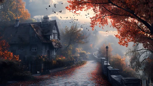 Foggy autumn lane beside cottage and falling leaves.