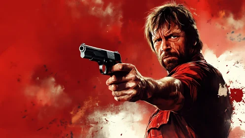 Digital painting of armed man on red kinetic backdrop.