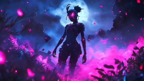 Neon-lit cybernetic silhouette in lunar backlit forest haze