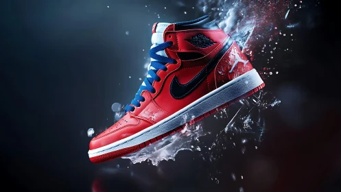 Dynamic red basketball sneaker rendered with high-gloss materials and liquid impact