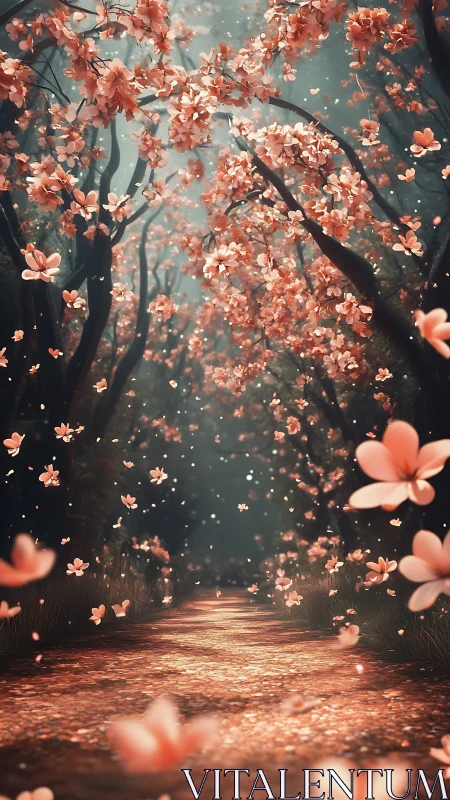 Blossom-lit forest path glows under drifting petals