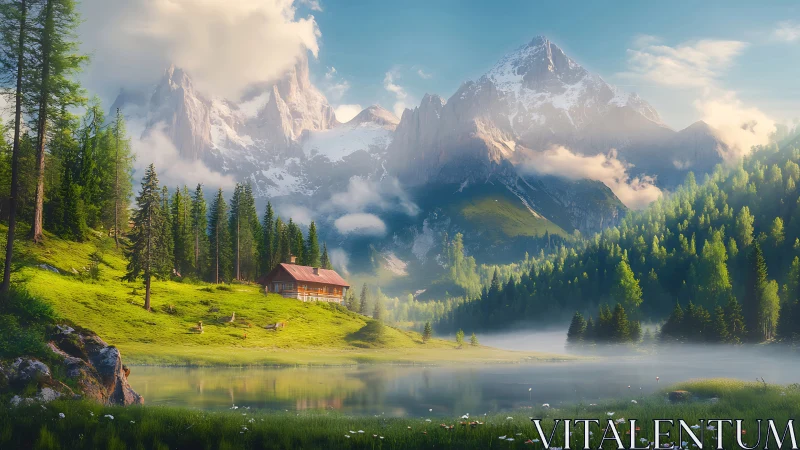 Lakeside alpine chalet beneath misted jagged snow peaks