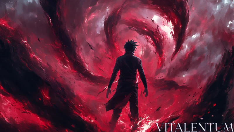 Lone hero steps into a swirling red storm of destiny.