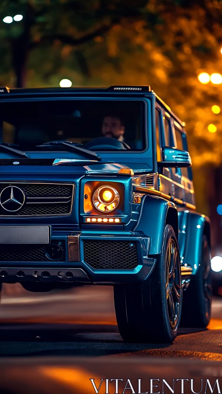 Blue Mercedes G-Class SUV captured at night on city street