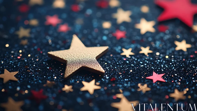 Gold star rests on glittered surface with scattered confetti
