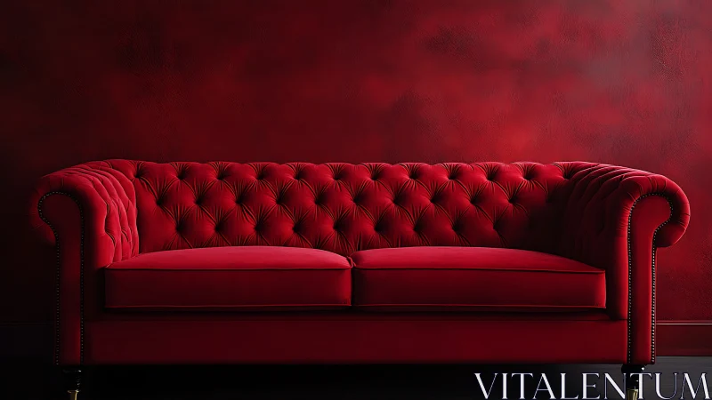 Crimson Chesterfield sofa brooding against velvety red wall.