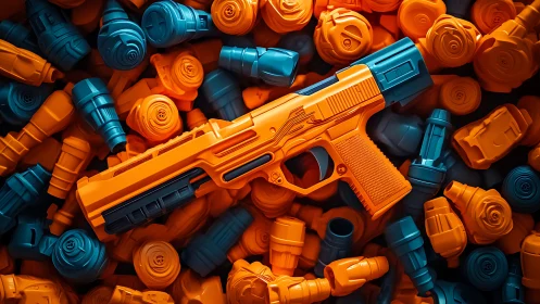 Toy blaster rests amid vivid orange and teal darts.