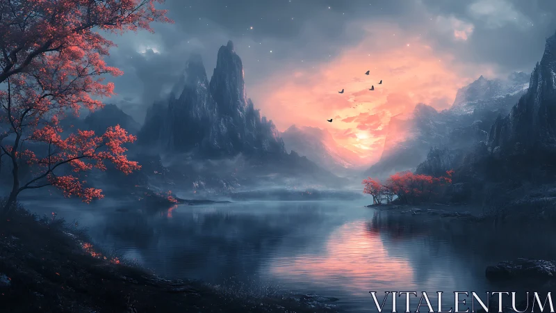 Fiery sunset over misty mountains and reflective lake.