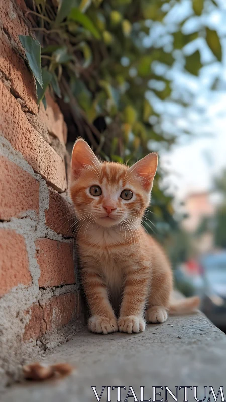 Ginger Tabby Kitten with Alert Expression Against Weathered Masonry