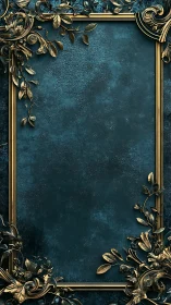 Ornate gold floral frame encloses textured teal backdrop surface