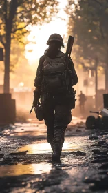 Lone soldier strides through sunlit ruins of a broken city.