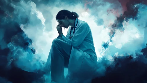 Weary healthcare worker pauses alone in swirling blue clouds