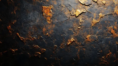 Textured black surface with molten metallic gold fragments.