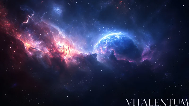 Distant blue planet within luminous interstellar nebula field.