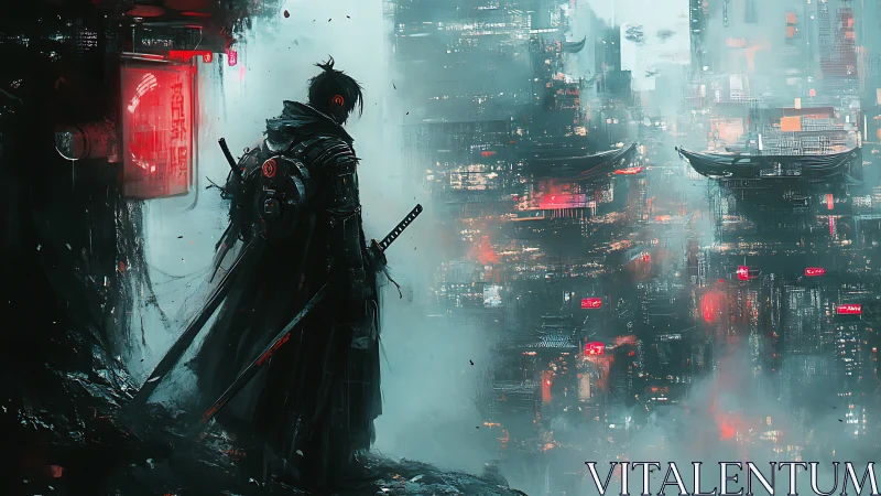 Lone cyberpunk samurai overlooking neon-drenched megacity.