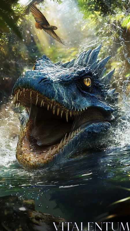 River-dragon lunges skyward while sunlight shatters the jungle