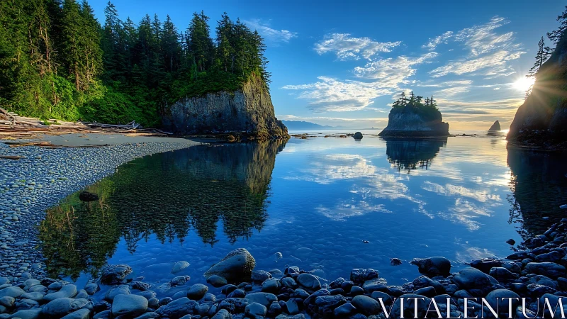 Rocky coastal inlet mirrors vivid blue sunset sky.