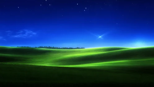 Digital nightscape over luminous rolling meadow forms.
