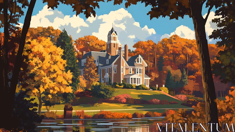 Sunlit autumn manor by the lake wrapped in golden trees.