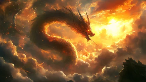 Fire dragon coils through burning stormlit sunset sky.