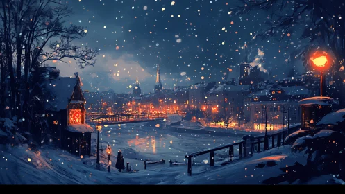 Snow-covered riverside town is viewed during winter night