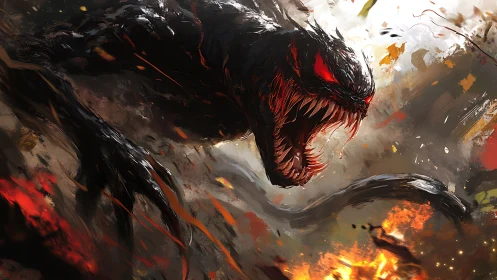Predatory black creature lunges through chaotic flames with dynamic motion blur