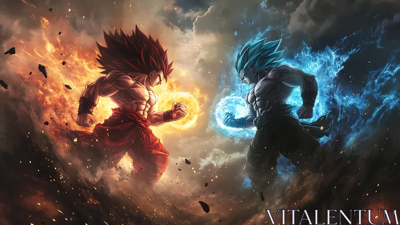 Dual elemental warriors collide with opposing energy auras in combat